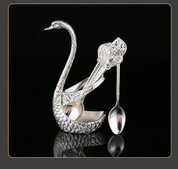Silver Elegant Swan Cutlery Holder Set With 6 Dessert Spoons Cutlery Storage