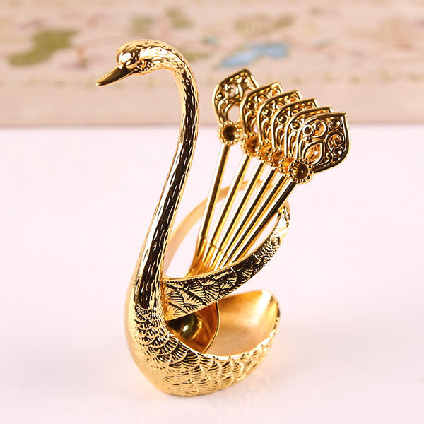 Gold Elegant Swan Cutlery Holder Set With 6 Dessert Spoons Knife Blocks & Storage