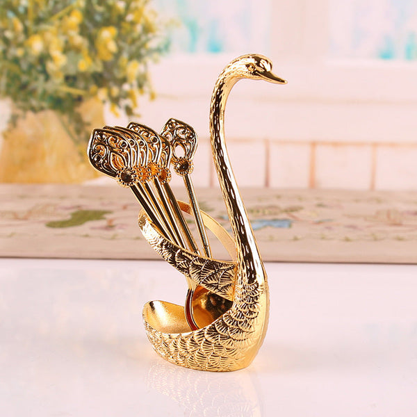 Gold Elegant Swan Cutlery Holder Set With 6 Dessert Spoons Knife Blocks & Storage
