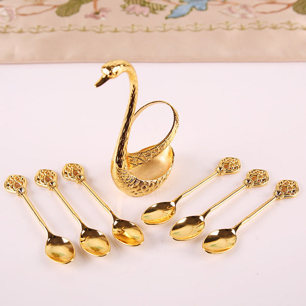 Gold Elegant Swan Cutlery Holder Set With 6 Dessert Spoons Knife Blocks & Storage