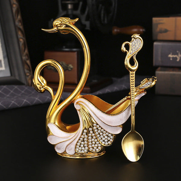 Gold Elegant Double Swan Cutlery Holder Set With 6Pcs Spoons Knife Blocks & Storage