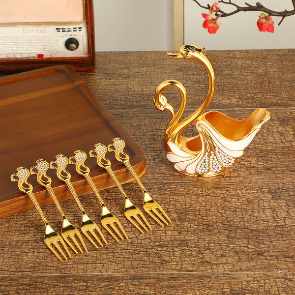 Gold Elegant Double Swan Cutlery Holder Set With 6Pcs Fork Knife Blocks & Storage