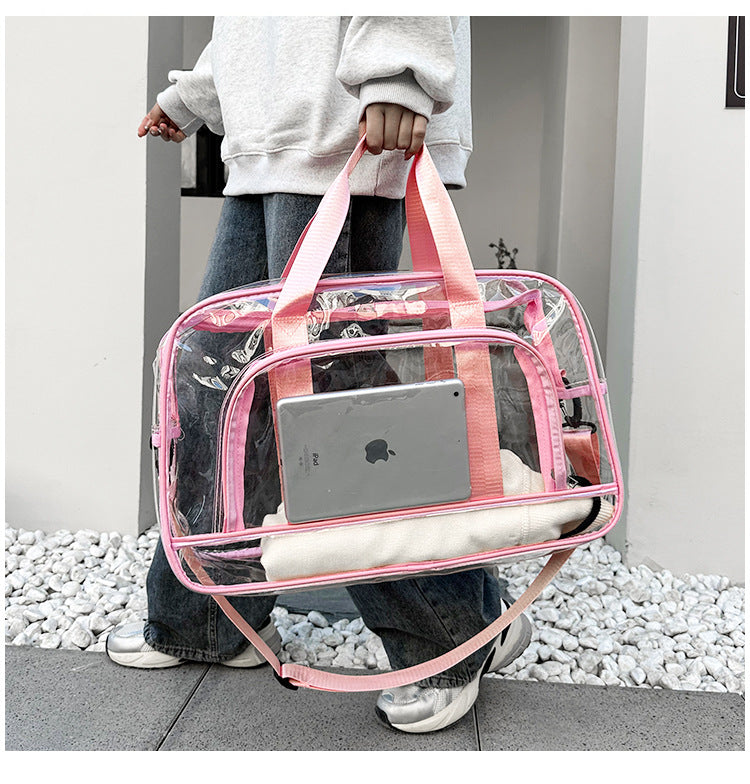Pink Transparent Multi Purpose Clear Pvc Bag Travel Fitness Storage Tote (50X32x18cm) Women's Bags & Handbags