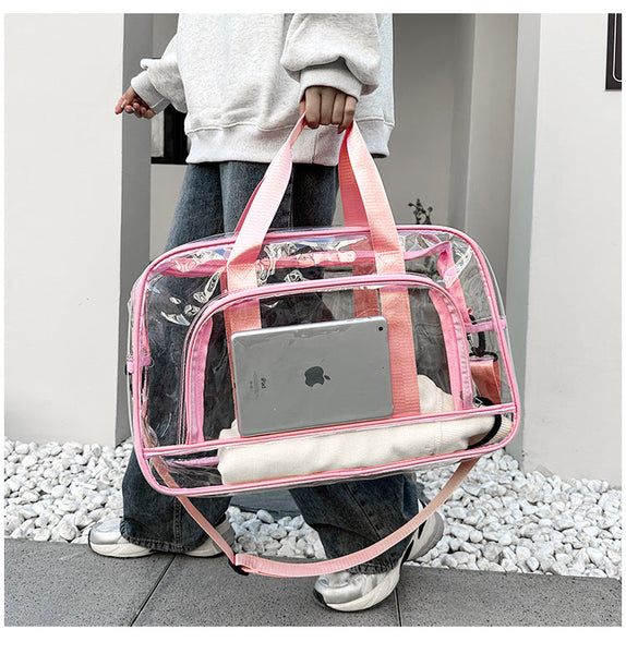 Pink Transparent Multi Purpose Clear Pvc Bag Travel Fitness Storage Tote (50X32x18cm) Women's Bags & Handbags