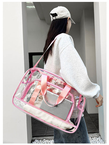 Pink Transparent Multi Purpose Clear Pvc Bag Travel Fitness Storage Tote (50X32x18cm) Women's Bags & Handbags