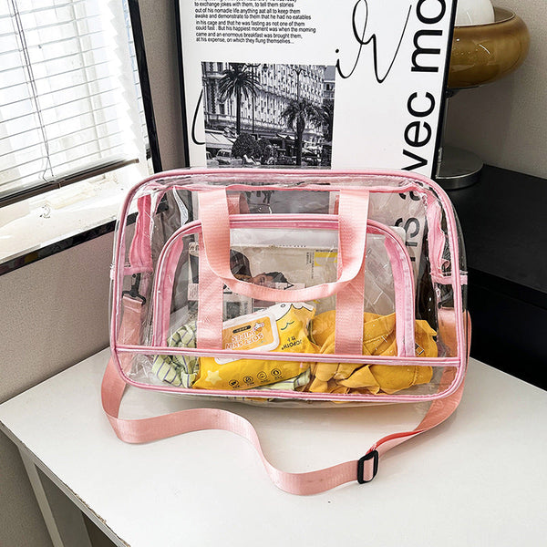 Pink Transparent Multi Purpose Clear Pvc Bag Travel Fitness Storage Tote (42X26x15cm) Women's Bags & Handbags