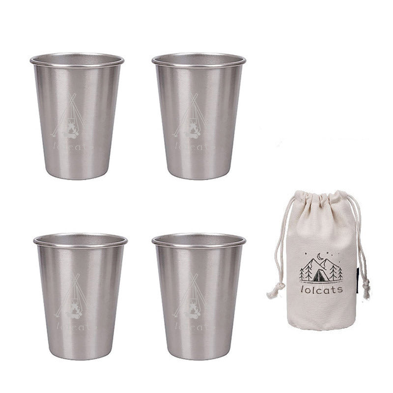 Set Of 4 Silver 304 Stainless Steel Camping Cup 350Ml Outdoor Drinkware With Bag Vacuum Flasks & Mugs