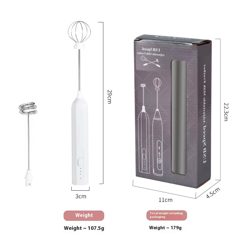 White Mini Hand Mixer With Frother & Balloon Whisk Heads Rechargeable Kitchen Tool Handheld Mixers