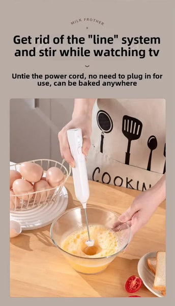 White Mini Hand Mixer With Frother & Balloon Whisk Heads Rechargeable Kitchen Tool Handheld Mixers