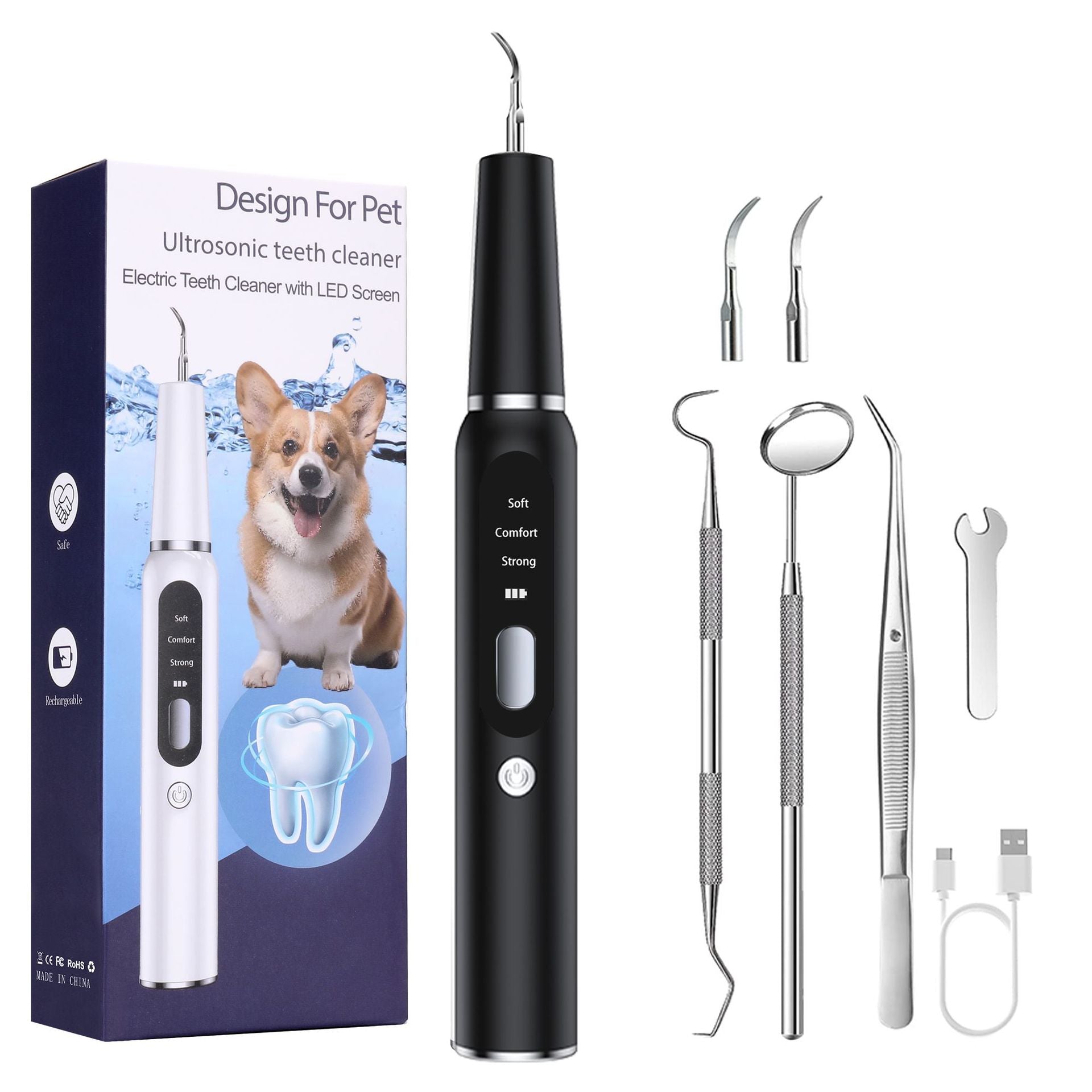Black Professional Pet Dental Cleaning Kit Ultrasonic Scaler Tools & 3 Modes Dog Grooming