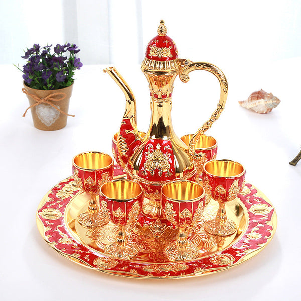 Palace Style Liquor Serving Set Metal Pot 6 Cups & Tray Golden Red Cups & Saucers