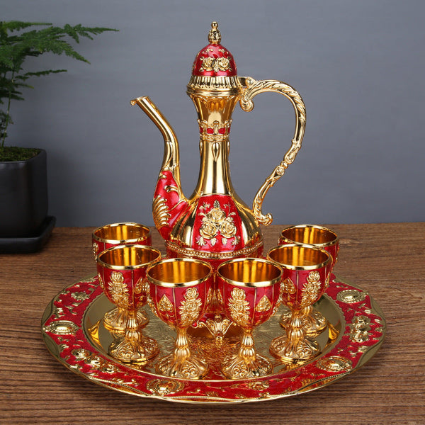 Palace Style Liquor Serving Set Metal Pot 6 Cups & Tray Golden Red Cups & Saucers