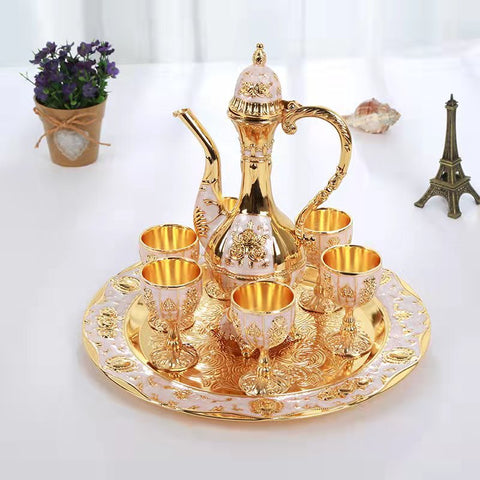 Palace Style Liquor Serving Set Metal Pot 6 Cups & Tray White Gold Cups & Saucers
