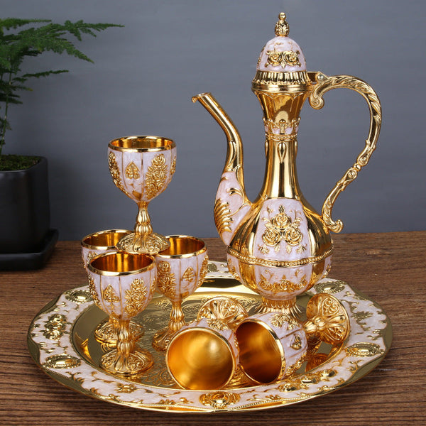 Palace Style Liquor Serving Set Metal Pot 6 Cups & Tray White Gold Cups & Saucers