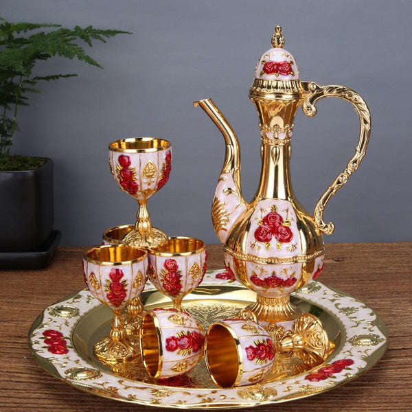 Palace Style Liquor Serving Set Metal Po 6 Cups & Tray White Gold Red Rose Cups & Saucers