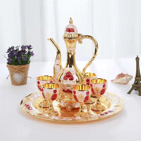 Palace Style Liquor Serving Set Metal Po 6 Cups & Tray White Gold Red Rose Cups & Saucers