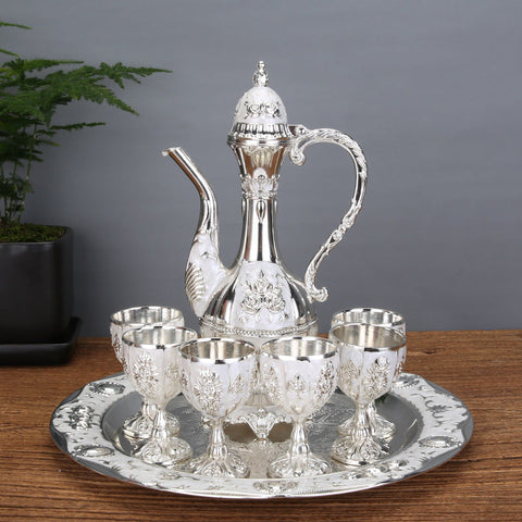 Palace Style Liquor Serving Set Metal Pot 6 Cups & Tray Silver Cups & Saucers