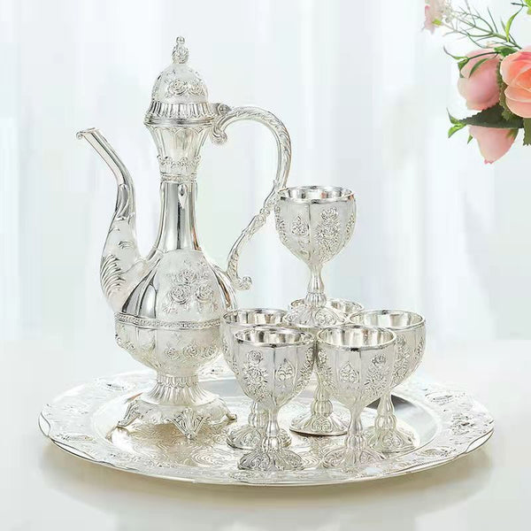 Palace Style Liquor Serving Set Metal Pot 6 Cups & Tray Silver Cups & Saucers