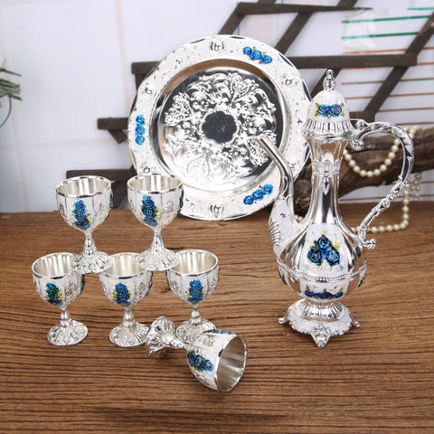 Palace Style Liquor Serving Set Metal Pot 6 Cups & Tray Silvery Blue Rose Cups & Saucers