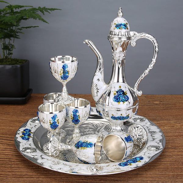 Palace Style Liquor Serving Set Metal Pot 6 Cups & Tray Silvery Blue Rose Cups & Saucers