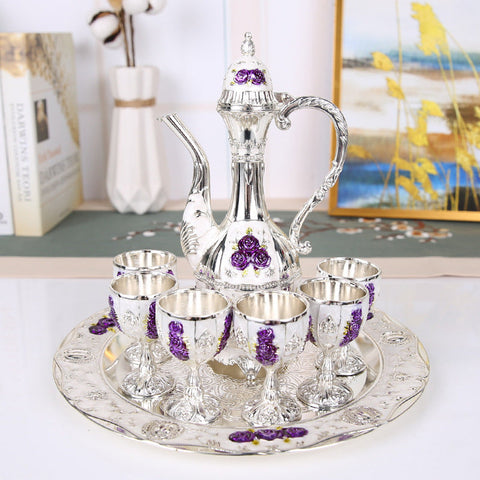 Palace Style Liquor Serving Set Metal Pot 6 Cups & Tray Silver Purple Rose Cups & Saucers