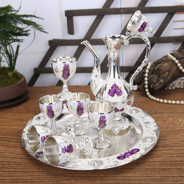 Palace Style Liquor Serving Set Metal Pot 6 Cups & Tray Silver Purple Rose Cups & Saucers