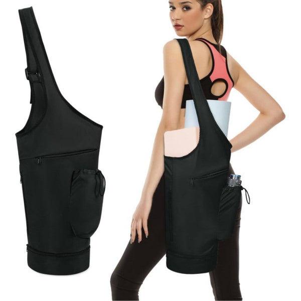 Black All In One Yoga Sling Bag Fits Mat & Gear Large Opening Side Pockets Mat Carriers & Bags