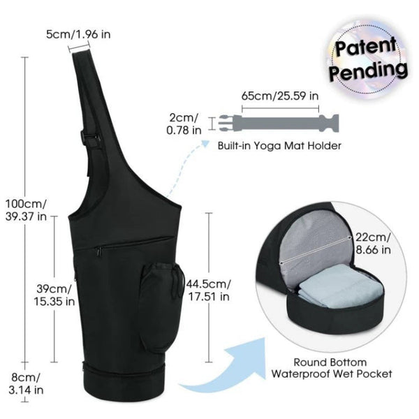 Black All In One Yoga Sling Bag Fits Mat & Gear Large Opening Side Pockets Mat Carriers & Bags