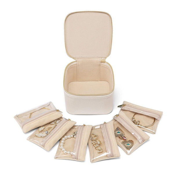 White Compact Travel Jewelry Box With 6 Individual Velvet Zipper Pouches Jewellery Boxes