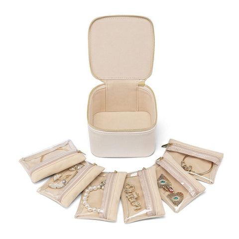 White Compact Travel Jewelry Box With 6 Individual Velvet Zipper Pouches Jewellery Boxes