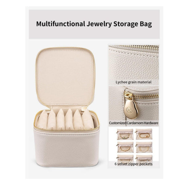 White Compact Travel Jewelry Box With 6 Individual Velvet Zipper Pouches Jewellery Boxes