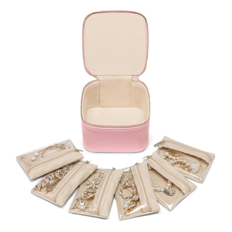 Pink Compact Travel Jewelry Box With 6 Individual Velvet Zipper Pouches Jewellery Boxes