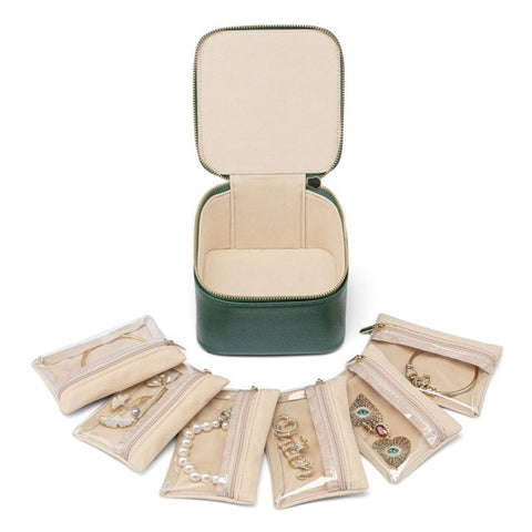 Green Compact Travel Jewelry Box With 6 Individual Velvet Zipper Pouches Jewellery Boxes