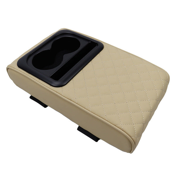 Beige Auto Center Console Armrest Riser Pad With Dual Cup Holders Pu Leather Consoles