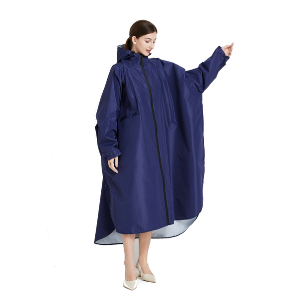 Dark Blue Stylish Waterproof Raincoat Poncho Long Packable For Outdoor Travel & Hiking Raincoats