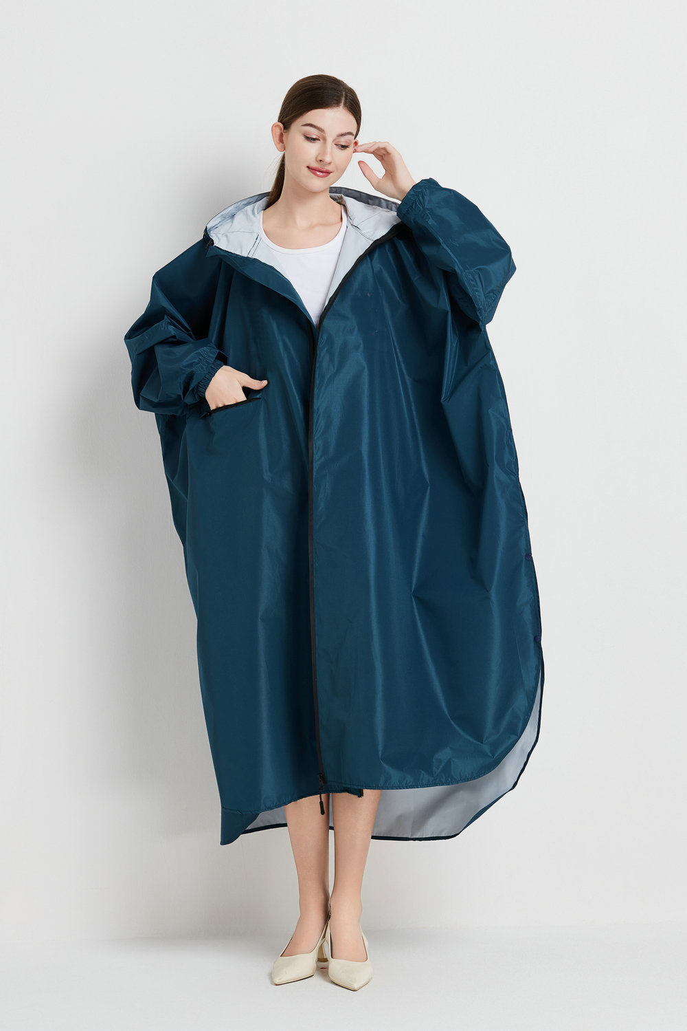 Sea Blue Stylish Waterproof Raincoat Poncho Long Packable For Outdoor Travel Hiking Raincoats