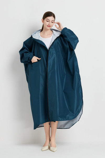 Sea Blue Stylish Waterproof Raincoat Poncho Long Packable For Outdoor Travel Hiking Raincoats