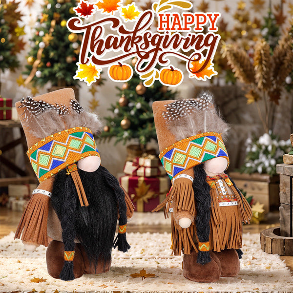 Plush Thanksgiving Dolls Faceless Figures With Fringe & Braids Set Of 2 Seasonal Decorations