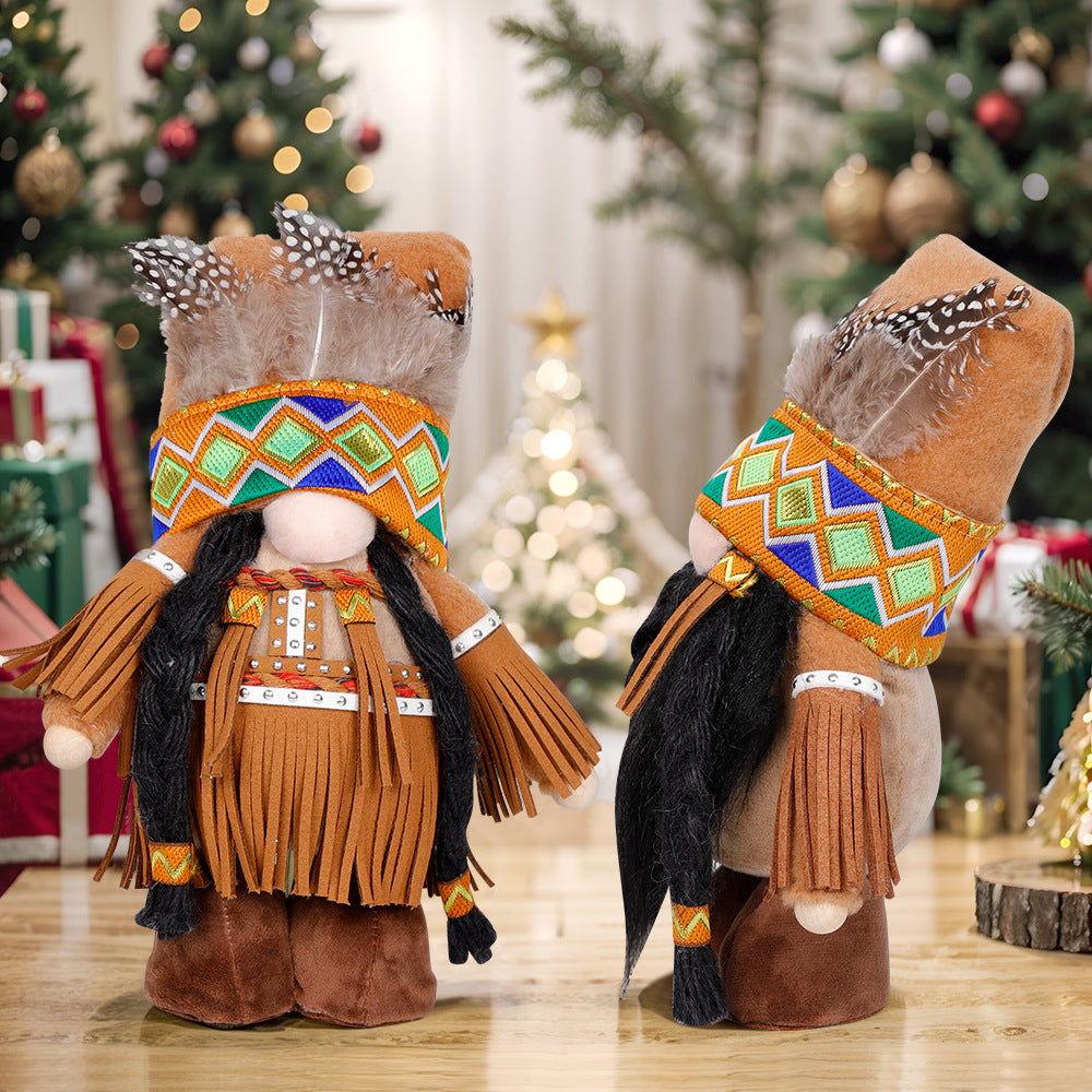 Plush Thanksgiving Dolls Faceless Figures With Fringe & Braids Set Of 2 Seasonal Decorations