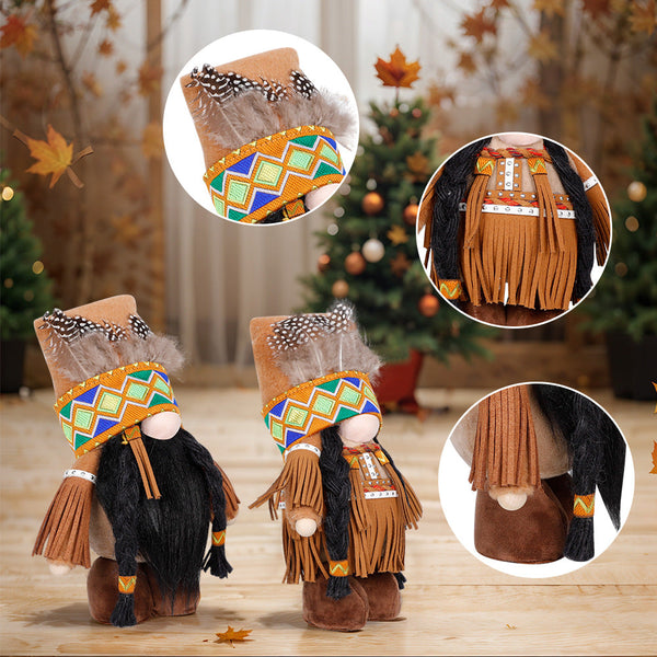 Plush Thanksgiving Dolls Faceless Figures With Fringe & Braids Set Of 2 Seasonal Decorations