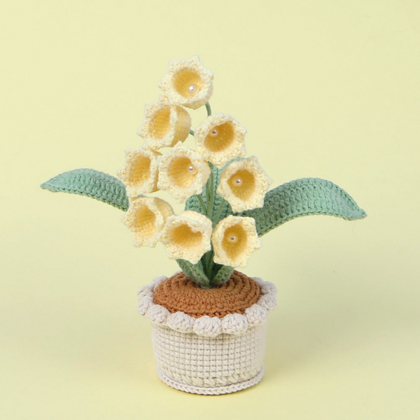 Handmade Crochet Lily Of The Valley Potted Plant Everlasting Flower Arrangement (9 Heads Yellow) Floral Décor