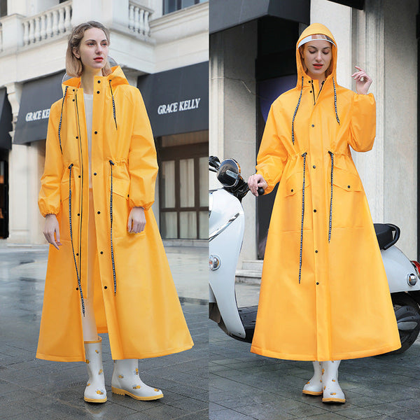 Yellow Women's Long Waterproof Raincoat With Hood And Visor Stylish Jacket Size Raincoats