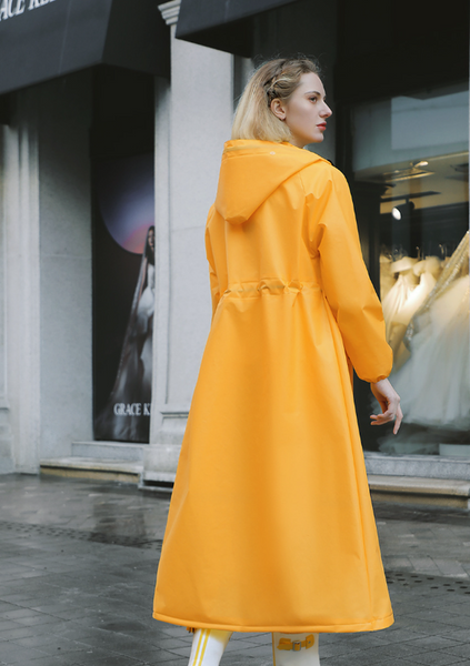 Yellow Women's Long Waterproof Raincoat With Hood And Visor Stylish Jacket Size Raincoats