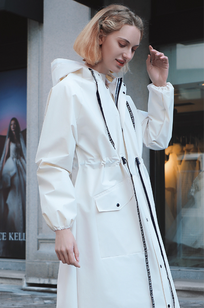 Elosung White Women's Long Waterproof Raincoat With Hood And Visor Stylish Jacket (Size M) Raincoats