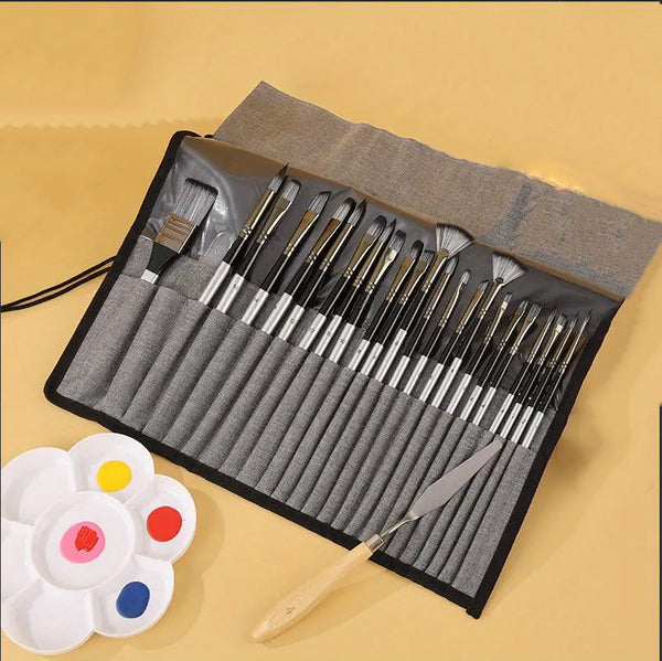 24Pc Artist Paint Brush Set With Canvas Roll Up Case Nylon Hair Brushes For Acrylic Watercolor Oil Gouache Painting Artists Brushes