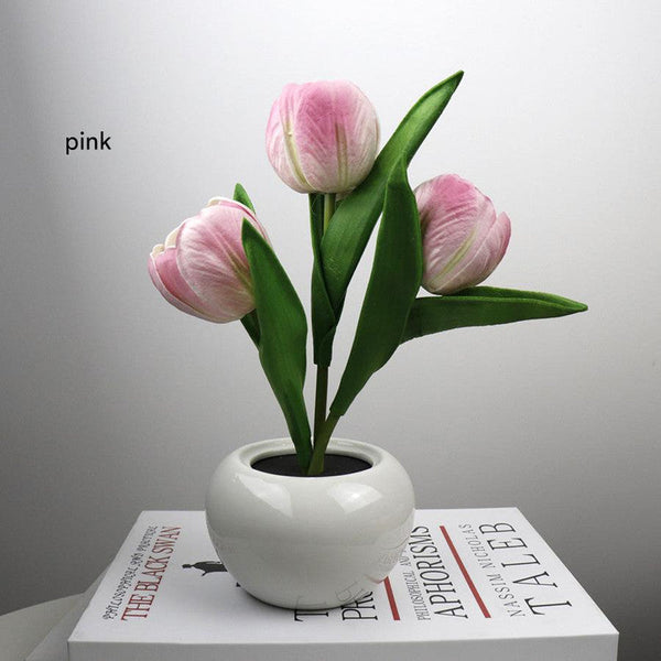 Pink Charging Model Artificial Tulip Bouquet Led Light Ceramic Pot Desk Lamp Lamps