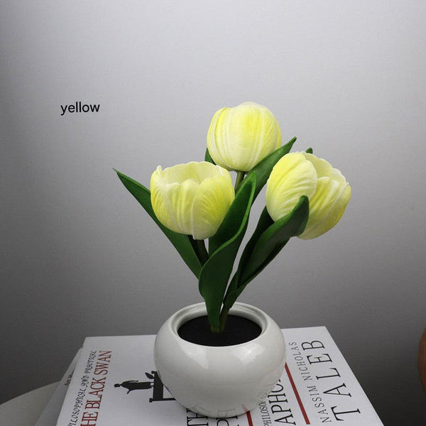 Elosung Yellow Charging Model Artificial Tulip Bouquet Led Light Ceramic Pot Desk Lamp Lamps
