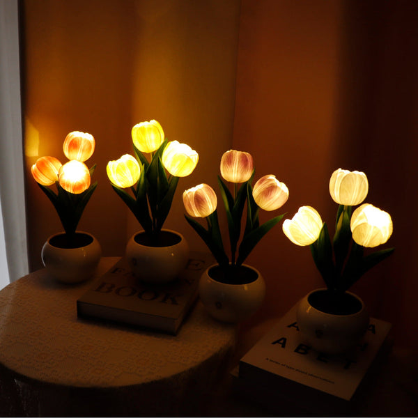 Elosung Yellow Charging Model Artificial Tulip Bouquet Led Light Ceramic Pot Desk Lamp Lamps