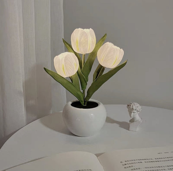 White Charging Model Artificial Tulip Bouquet Led Light Ceramic Pot Desk Lamp Lamps