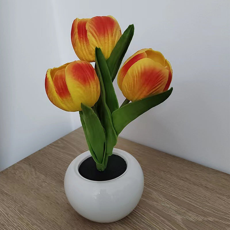 Orange Charging Model Artificial Tulip Bouquet Led Light Ceramic Pot Desk Lamp Lamps